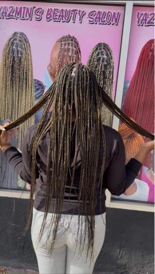 Long highlighted braids photographed from behind outside Yasmin's Beauty Salon